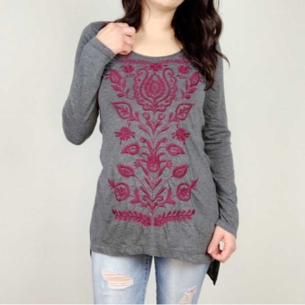 Johnny Was Women’s Boho Grey Long Sleeve Stretch Embroidered‎ Tunic Tee Shirt S